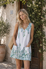 V-Neck Sleeveless Leaf Print Pocket Loose Dress