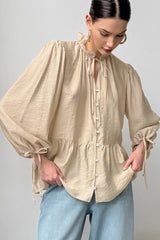 Sheer Puff Sleeve Tie Blouse