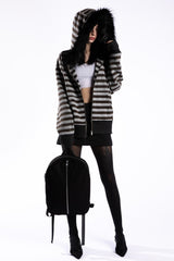 Fur Trim Striped Oversized Zip Hoodie