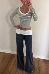 Striped Lace Trim Top and Foldover Pants Set