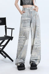 Newspaper Print Wide Leg Jean