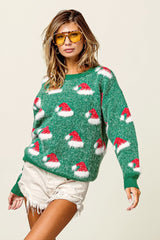 Christmas Color Block Santa Hat Fuzzy Embroidered Sweater