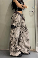 Mottled Print Wide Leg Cargo Jeans