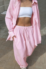 Striped Button Shirt Tie Waist Pants Set