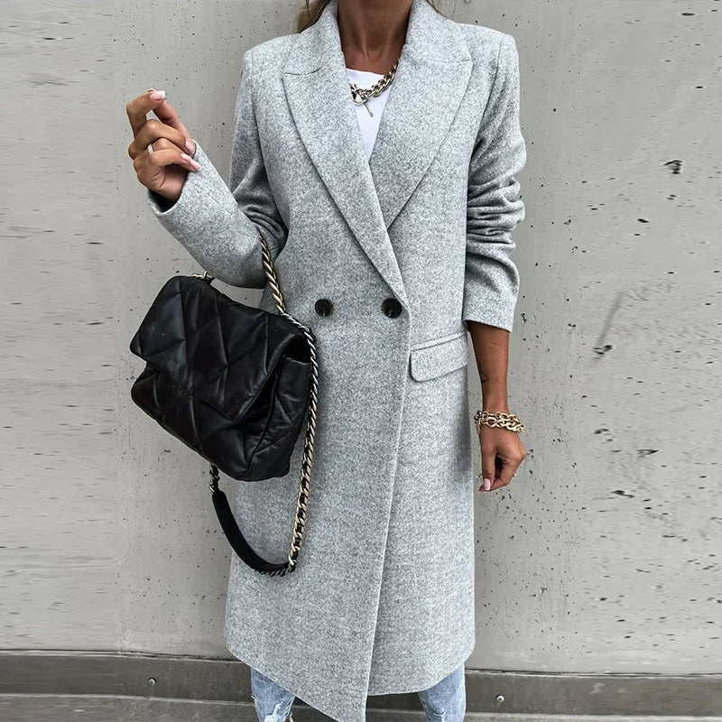 Elegant Long Overcoat Autumn Winter Turn-Down Collar Woolen Office Lady Coats