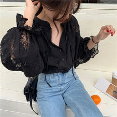Carved Lantern Long Sleeve Lace Blouse Blusas blouse-250126