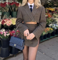 Vintage Buckle Plaid Cropped Irregular Mini Skirt Long Sleeve Stylish Blazer