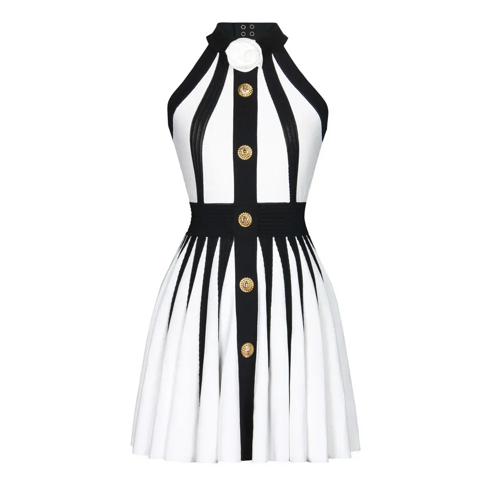 Golden Buttons Patchwork Party Dress White / Xs Partydress-241208