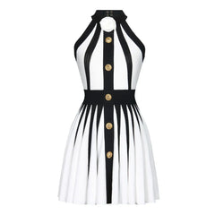 Golden Buttons Patchwork Party Dress White / Xs Partydress-241208
