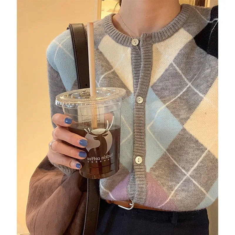 Plaid Round Neck Loose Knit Cardigan GRAY / One Size