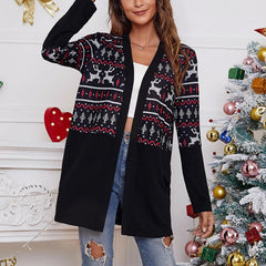 Casual Long Sleeve New Year Ladies Cardigan Christmas Sweater Black / S Sweaters-L