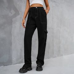 2024 Vintage Baggy Wide Leg Streetwear Straight Denim Pockets Cargo Jean