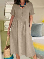 V Neck Linen Button-Down Midi Dress with Pocket In Khaki