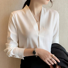 Korean Style V-neck Loose Chiffon Office Blouse blouse-250126