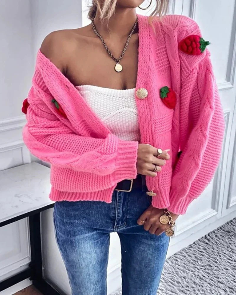 Strawberry Print Loose Fitting Knit Cardigan cardiagn-250126