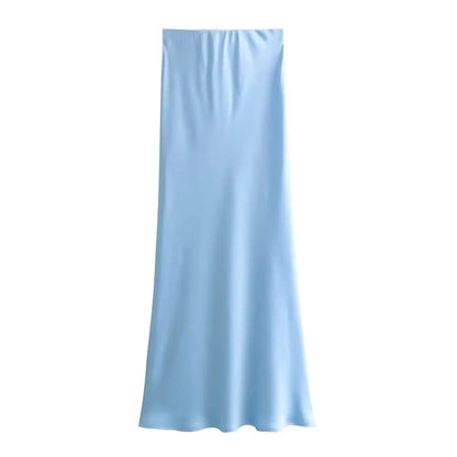 Chic Silk Texture Tight Elegant Solid Satin High Waist Slim Midi Skirt