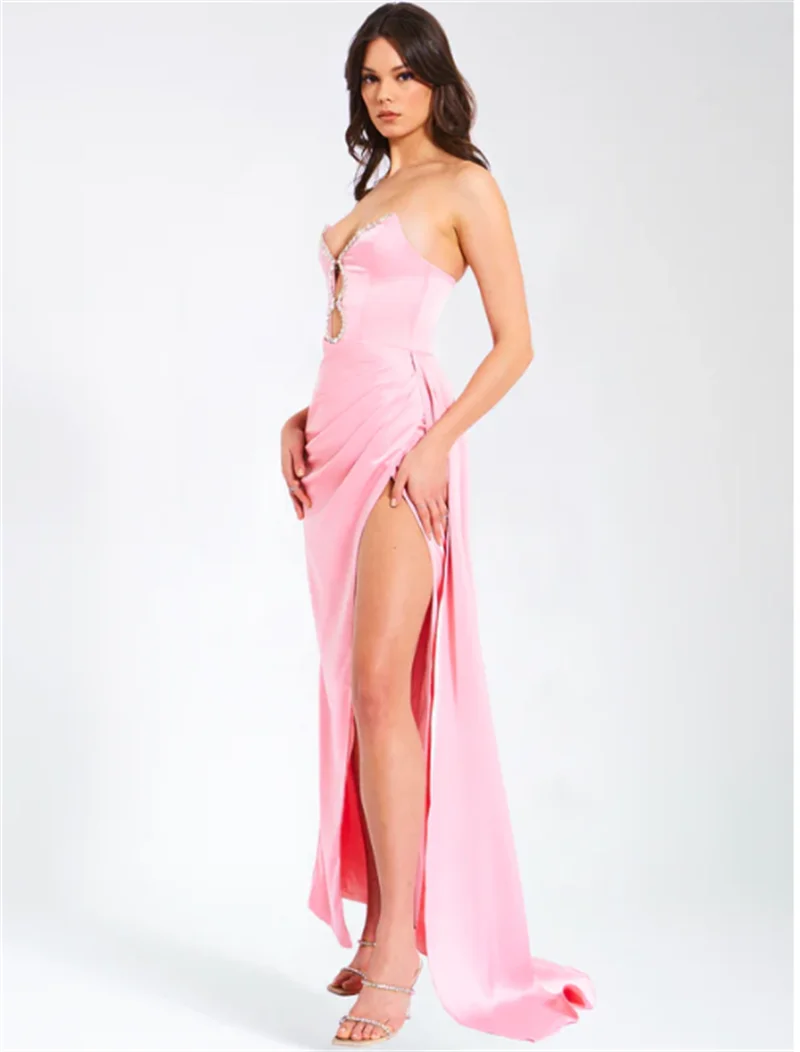 Pink Satin Strapless Party Dress Partydress-241208