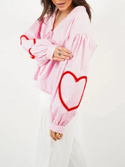 Plaid Heart Trim Tie-Up Blouse blouse-250223