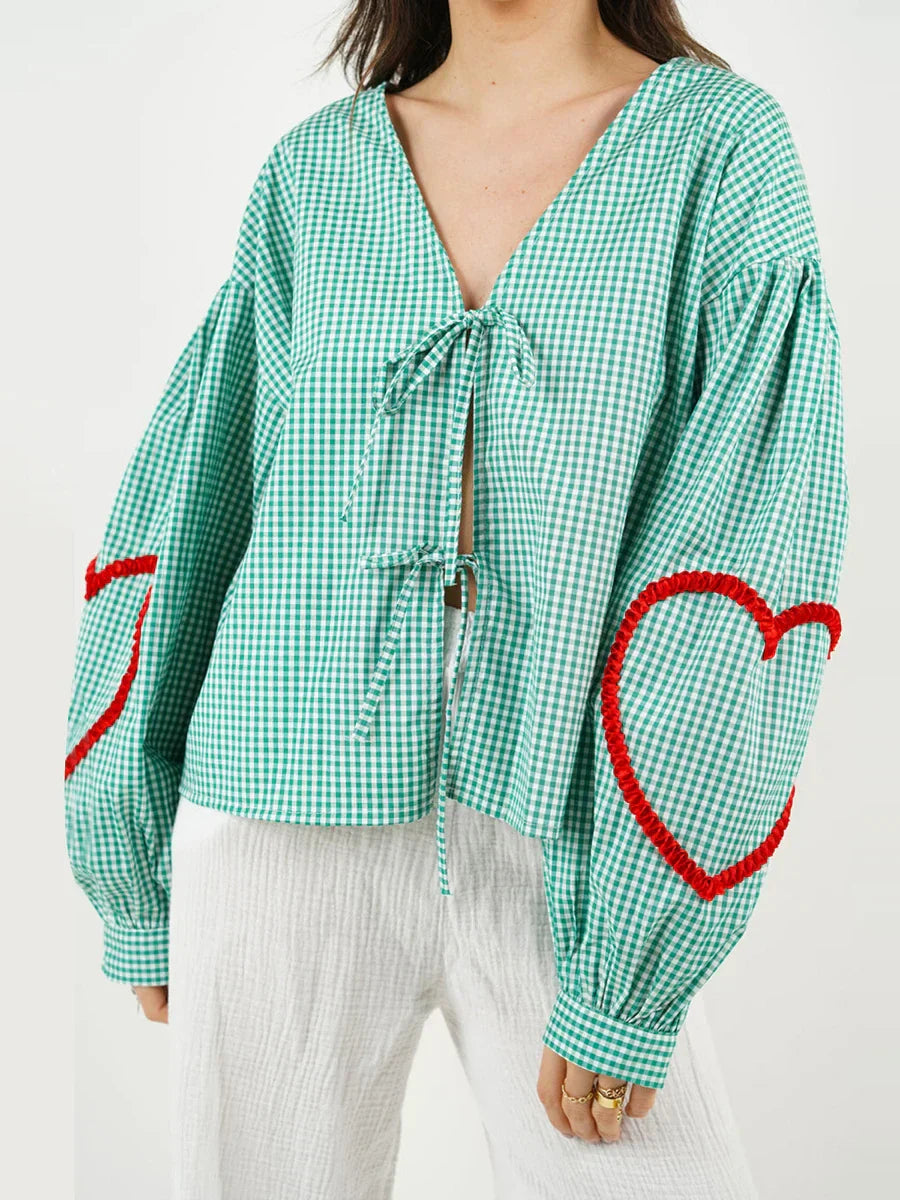Plaid Heart Trim Tie-Up Blouse blouse-250223