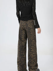 2024 New Leopard Print Wide Leg Women High Waisted Fashion Streetwear Retro Y2K Denim Baggy Casual