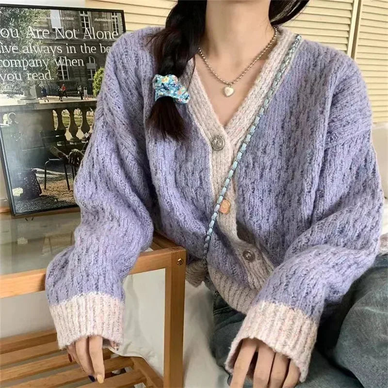 Purple Patchwork Loose Soft V-Neck Knitted Cardigan Purple / One Size cardiagn-250126