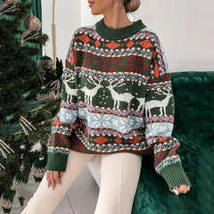 Jacquard Print Warm Soft Loose Casual Full Sleeve Christmas Sweater Sweaters-L
