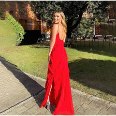 Chiffon Maxi Dress with Ruffles and Backless Split - Sexy Long Summer Wedding/Christmas Party Outfit