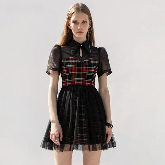 Gothic Lace Spliced Plaid Sexy A-Line Short Sleeve Dress