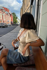 Lace Patchwork Tie Front Slim Fit Short Sleeve Tee