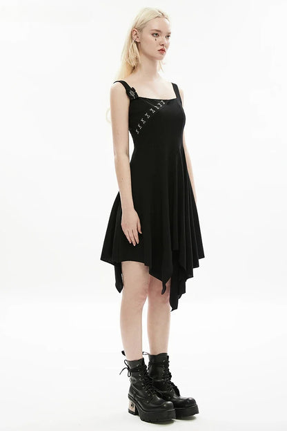 Gothic Square Collar Irregular Hem Black Dress