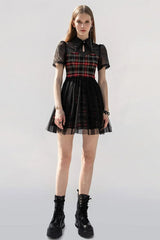 Gothic Lace Spliced Plaid Sexy A-Line Short Sleeve Dress