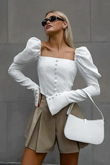 Satin Square Neck Puff Sleeve Blouse