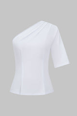 Sloid Pleated One Shoulder T-Shirt