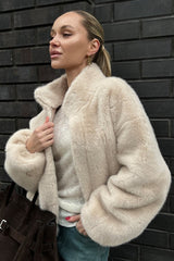 Zip Up Fuzzy Stand Collar Coat