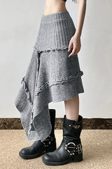 Knit Asymmetric Hem High Waist Midi Skirt