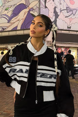 Letter Print Colorblock Zip Jacket