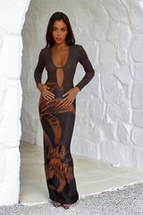 Deep V Cutout Printed Maxi Dress