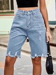 Distressed Fringe Hem Denim Shorts