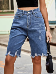 Distressed Fringe Hem Denim Shorts