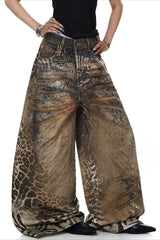 Leopard 3D Print Barrel Leg Jeans