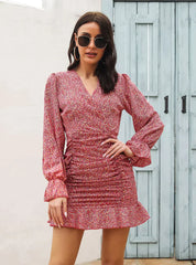 V-Neck Flounce Printed Chiffon Dress With Pleats S / Gray Dresses
