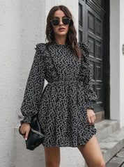 Wood Ear Collar Long Sleeve Printed Dress With Ruffled Detail M / White Dresses