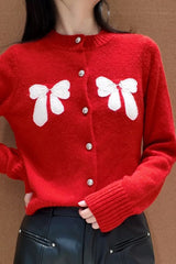 Bow Accent Red Knit Christmas Cardigan