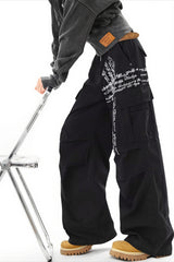 Distressed Cross Print Multi-Pocket Cargo Jeans