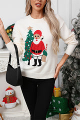 Christmas Santa Print Color Block Crew Neck Sweater