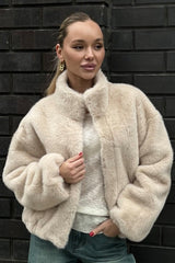 Zip Up Fuzzy Stand Collar Coat