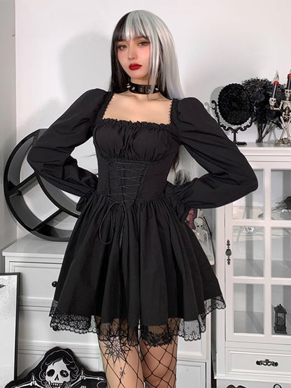 Gothic Spaghetti Strap Lace Satin Slip Vintage Square Collar Mini Dress