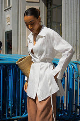 Cotton Linen Tie Long Sleeve Blouse