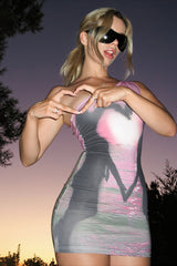 Pink Graphic Asymmetric Cami Bodycon Mini Dress