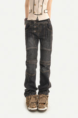 Multi Button Low Rise Straight Leg Jeans